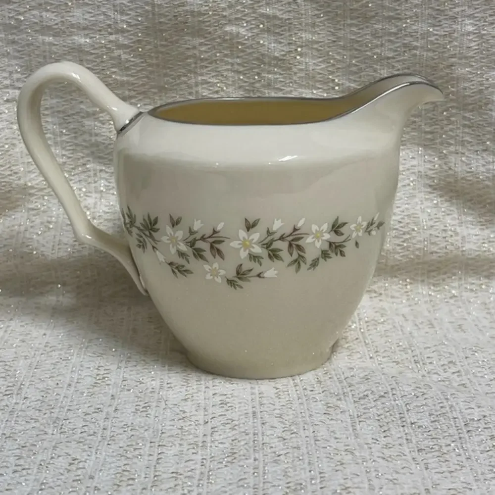 Lennox‎ Brookdale Creamer Silver Rim White and Green Floral Design